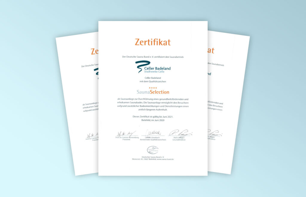 Zertifikat von der Sauna Selection Auszeichnung
