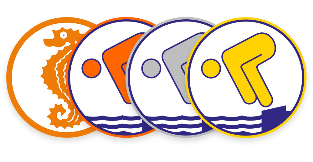 Logos der deutschen Schwimmabzeichen Frühschwimmer, Bronze, Silber und Gold.